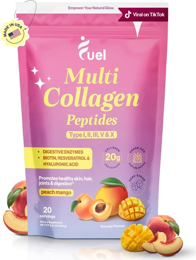 [BRSRA232OICWYEI4] Fuel Multi Collagen Peptides Toz - 20g Hidrolyzed Collagen I, II, III, V & X Saç, Cilt, Nails & Aşdırma - Daha yaxşı Absoreksiya - Keto & Gluten Pulsuz, Peach Mango, 9.31oz