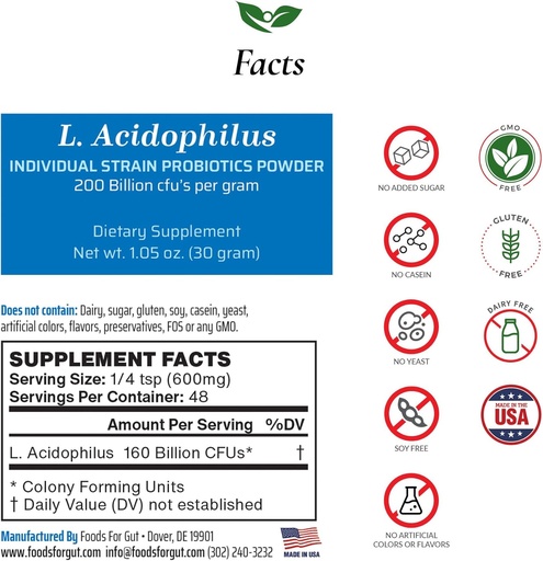[BRSWYH34BUBREETH] Foods For Gut Lactobacillus Acidophilus Probiotic Powder 200 Billion cfu's | Made in USA | No Additives | Direct from Manufacturer | No Third-Party Storage | Immune Support | 30 Grams (1.05 Oz)