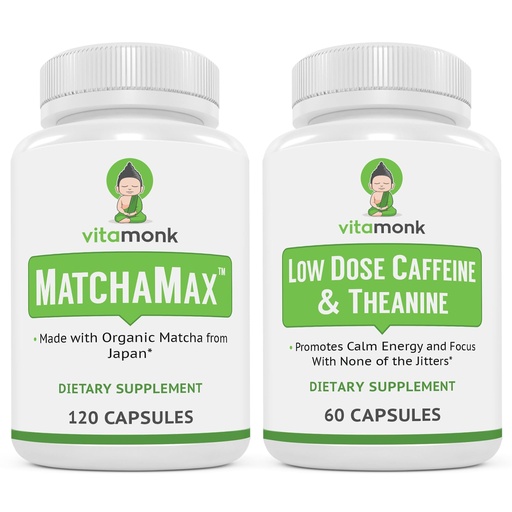 [BRSRAYIBBEGQAADA] VitaMonk Energy & Focus Bundle: MatchaMax Organic Japanese Matcha Capsules Low Dose Caffeine and Theanine