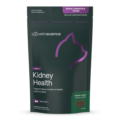 [BRSWIZATCAPQ233M] VetriScience Kidney Health Chews, Renal Essentials Supplement for Cats, Kidney Care and Support with Mushroom, Astragalus Root, Nettle Seed and Herbs, Chicken, 120 Count
