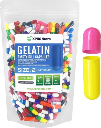 [BRSWYAY7B55WKCD7] XPRS Nutra Size 2 Empty Capsules - 500 Count Empty Gelatin Capsules - Pills DIY Capsule Filling - Pure Bovine Pill Gel Caps for Do-It-Yourself Supplements (Multi Color)