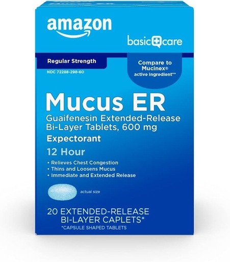 [BRSWYCANCUFQMFAV]   Basic Care Guaifenesin Cough and Mucus Relief Extended-Release Tablets, 600 mg, 12 Hour Expectorant, 20 Count