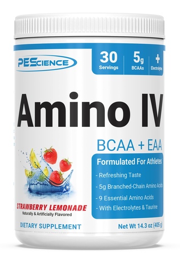 [BRSWYGQLBUNB4H36] PEScience Amino IV BCAA & EAA Powder, Essential Amino Acids, Taurine, Electrolytes for Hydration and Muscle Recovery, Sugar Free for Men & Women, Post Workout - Strawberry Lemonade, 30 Servings