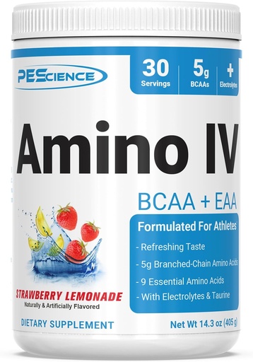 [BRSWYGQLBUNB4H36] PEScience Amino IV BCAA & EAA proszek, podstawowe aminokwasy, Tauryna, Elektrolity do hydrolizy i odzyskiwania mięśni, Cukier wolny dla mężczyzn i kobiet, Post Workout - Lemoniada truskawkowa - 30 Służenia