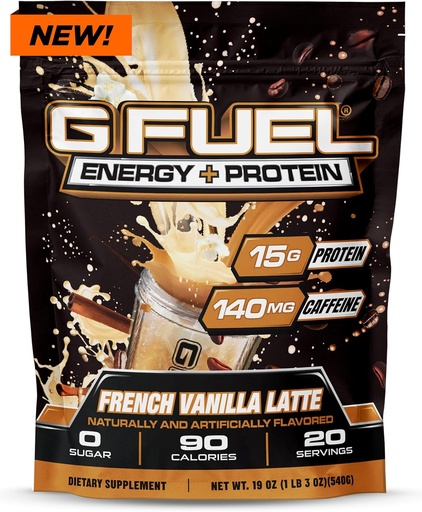 [BRSRAZT4DIGQMCDJ] G Fuel Protein + Energy Drink Powder, Pre Workout Caffeine Mix for Gaming, Sugar Free Focus Amino, Vitamin + Antioxidants, 19oz (French Vanilla Latte, 20 Servings)