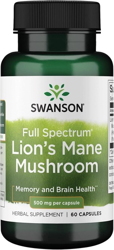[BRSWGFDRDEHAAGTH] Swanson Lion's Mane Mushroom Capsules - 500 mg Each, 60 Capsules - Herbal Supplement Supporting Cognitive Function