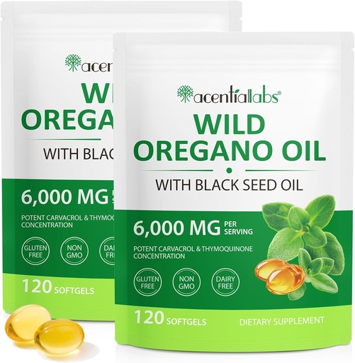 [BRSRAAQKBMNA4CA2] Oil of Oregano Softgels 6000mg 2 Pack, 2 in 1 Formulated with Black Seed Oil 120 Count, Oregano Oil Capsules Organic, Gluten Free Oil of Oregano Softgels, Non-GMO & Immune Support
