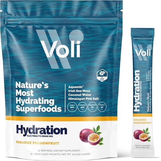 [BRSROFL3AUHQO3YV] Voli Electrolytes Powder Packets | No Added Sugar Electrolyte Drink Mix for Hydration | Keto & Fasting Friendly, Natural Superfoods & Minerals | Passionfruit, 15-Count