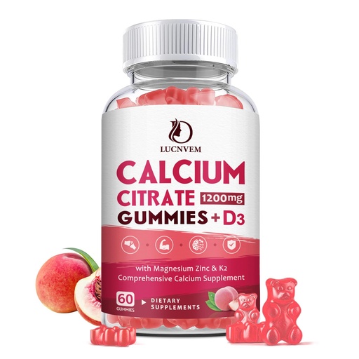[BRSRAHTQOEMAIHTA] Calcium Citrate 1200mg with Vitamin D3 Gummies, Calcium Gummies with Vitamin D3 for Women & Men, Cal Magnesium Zinc for Bone Muscle Healthy- Natural White Peach Flavor- 30 Day Supply