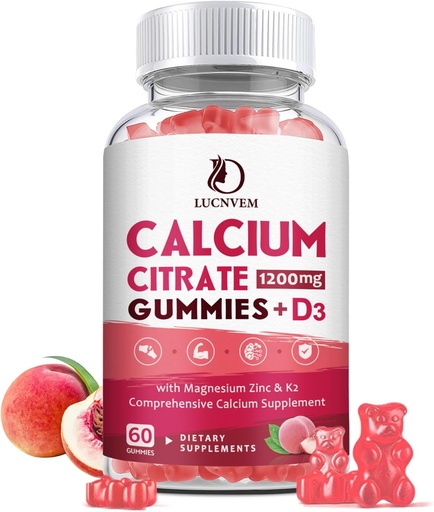 [BRSRAHTQOEMAIHTA] Calcium citraat 1200mg met vitamine D3 Gummies, Calcium Gummies met vitamine D3 voor vrouwen & mannen, Cal Magnesium Zink voor botspieren Gezond- Natural White Peach smaak- 30 dagen levering