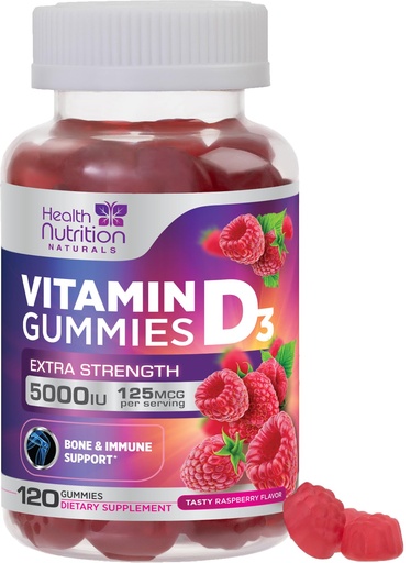 [BRSRMGQ5CAOR6HQ6] Vitamin D3 Gummies 125 mcg (5000 IU) Per Serving - 3X Strength Immune Support & Bone Support, Vitamin D Gummy Dietary Supplement, Nature's Berry D Vitamin Supplement, Raspberry Flavored - 120 Gummies