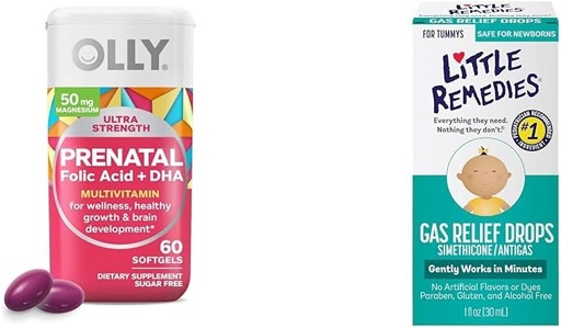 [BRSRAYYYCEPGCYD7] OLLY Prenatal Multivitamin Softgels for Healthy Pregnancy + Little Remedies Gas Relief Drops for Infant Tummy Pain, 60 Count