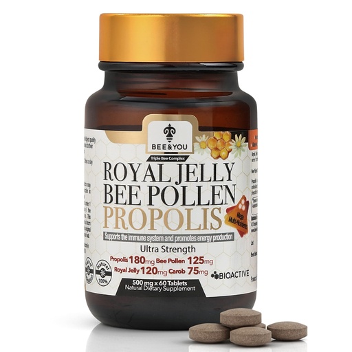 [BRSWGAQ7AACQ23D2] Bee and You Royal Jelly Tablet, Propolis Extract, Bee Pollen, 100% Natural Superfood, Ultra Pure, Immune Support Supplement, Improve Energy, Focus, Antioxidants, Fresh, Keto, Paleo, Gluten-Free | 60ct