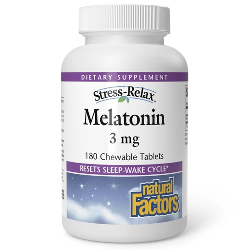 [BRSWIEAZBIDGIFQV] Stress-Relax Melatonin 3 mg by Natural Factors, Natural Sleep Aid, Resets the Sleep-Wake Cycle, 180 chewable tablets (180 servings), Peppermint Flavor