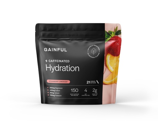 [BRSROC34BYBAMYD4] Gainful Hydration + Caffeine Powder Packets with Key Electrolytes Magnesium & Sodium + L Theanine, Low Sugar Drink Mix, Strawberry Lemonade, 21 Sticks