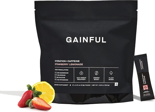 [BRSROC34BYBAMYD4] Gainful Hydration + Caffeine Powder Packets with Key Electrolytes Magnesium & Sodium + L Theanine, Low Sugar Drink Mix, Strawberry Lemonade, 21 Sticks