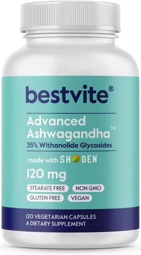 BESTVITE Advanced Ashwagandha 120mg w/Shoden (120 κάψουλες χορτοφαγικής) - Κλινικά Σπουδασμένη βιομηχανία που περιέχει μόλυβδο 35% Withanolide Glycosides - Όχι Stearates - Vegan - Μη ΓΤΟ - Χωρίς γλουτένη