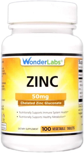 [BRSWYZALC56GKYL5] Wonder Laboratories Helated Cinc Gluconate 50 mg - Atbalsta veselīgu ādu, Imūnsistēmu, šūnu augšanu, un vairāk - 100 Veģetāru tabletes
