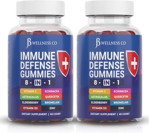 [BRSROBQODINRQA3F] 8 in 1 Immune Defense Booster Supplement Gummies with Astragalus Root, Vitamin C and Zinc, Vitamin D3, Elderberry and Quercetin (2 Pack)