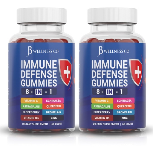 [BRSROBQODINRQA3F] JB Wellness Co 8 in 1 Immune Defense Booster Supplement Gummies with Astragalus Root, Vitamin C and Zinc, Vitamin D3, Elderberry and Quercetin (2 Pack)