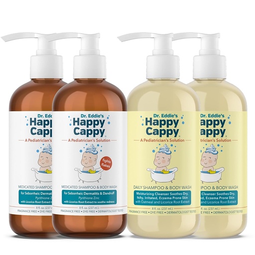[BRSW2ED4BEIRYD3D] Happy Cappy Daily Medicated Shampoo and Body Wash Bundle - Baby Dandruff Shampoo, Helps Cradle Cap and Seborrheic Dermatitis, Reduces Redness, Dermatologist Tested, Fragrance-Free - 4 Pieces