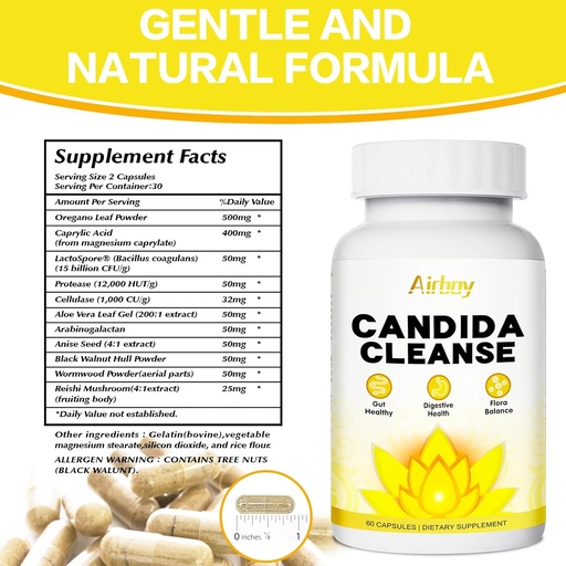 [BRSRAGA6OV5GG3L6] Airboy Candida Cleanse,Gut Colon Cleanse Detox para Mulheres e Homens, Suporte Candi com Folha de Orégano, Ácido Caprílico,Madeira, Condes Walnut-60 Preto