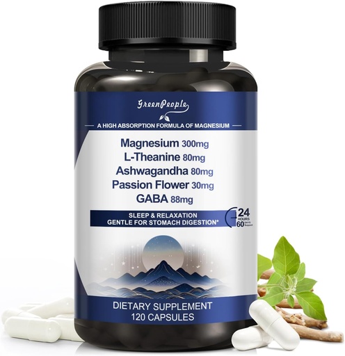 [BRSRAA35CQIAAEL6] GREENPEOPLE Triple Magnesium Complex | 300mg Magnesium Supplement zum Schlafen | 8-in-1 Formel w/Ashwagandha/L-Theanin/GABA Unterstützung Restful für Männer & Frauen - Vegan, High-Absorption - 120 CT