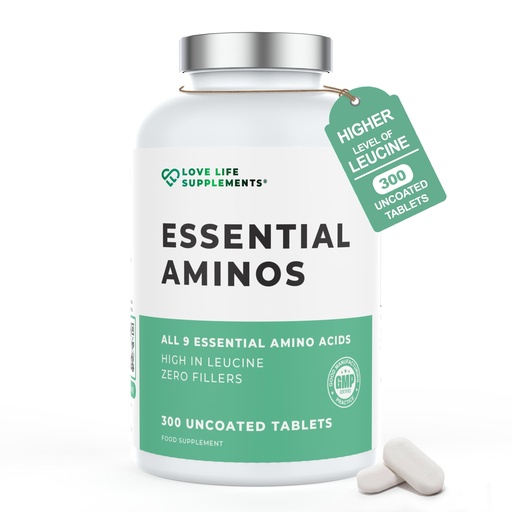 [BRSWKGYKOIHQKFL4] Love Life Supplements Essential Amino Acids, Full Spectrum EAA & BCAA Tablets for Muscle Recovery, 300 Vegan Pills (60 Servings), High Strength Free Form Supplement with Leucine, UK Made