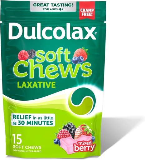 [BRSWYCYHBEPQMG33] Dulcolax Saline Laxative Soft Chews, Gentle Constipation Relief, Mixed Berry Flavor, Magnesium Hydroxide 1200 mg, 15 Count