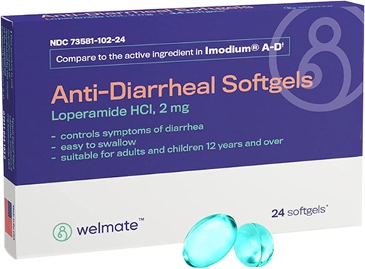[BRSW22QQAV6GMG3B] WELMATE - Anti-Diarrheal Softgels (24 Softgels) - Loperamide HCL 2 mg - Diarrhea Symptom Relief - Upset Stomach Reliever - Anti Diarrhea Pills - Over-The-Counter Medication