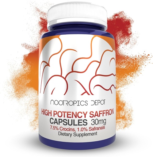 [BRSRMZDQB4CRSC3F] Nootropics Depot High Potency Saffron Extract Capsules | 30mg | Minimum 7.5% Crocins and 1% Safranals | Crocus sativus | 180 ct