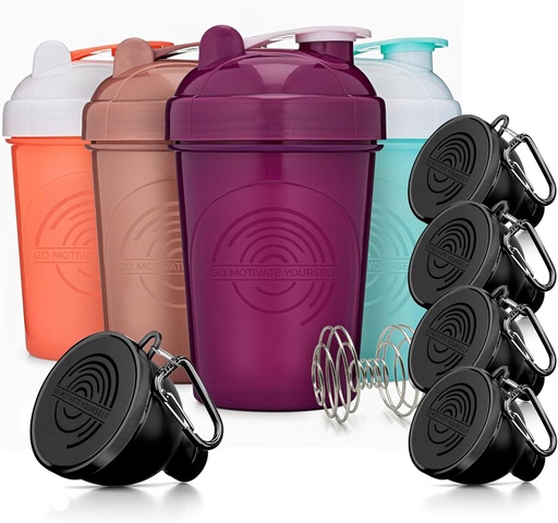 [BRSRAYI7B4FWYCA3] GOMOYO Fitness Bundle - 4-Pack Shaker Bottles with Agitator + 5-Pack Protein Funnels with Carabiner, BPA-Free & Dishwasher Safe