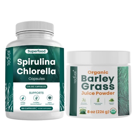[BRSWYEAFCUMWA3DD] Teaveli Spirulina Chlorella Capsules and Barley Grass Juice Powder Bundle