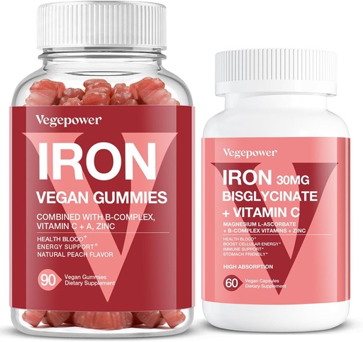 [BRSRAFLQOAJQAHLD] Vegan Iron Gummies + Iron Bisglycinate 30MG | Vegan Iron Supplement Support for Blood Healthy & Daily Energy for Adults & Kids - 90 Count+60 Count