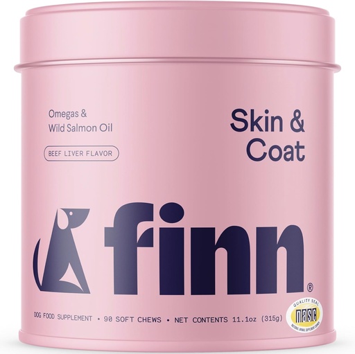 [BRSW2GIQBN6BUC3G] Finn Skin & Coat Salmon Oil Supplement for Dogs | Supports A Thick & Shiny Coat | Fish Oil from Wild Alaskan Salmon, Omega-3s, EPA & DHA, Biotin, & Zinc | 90 Soft Chews