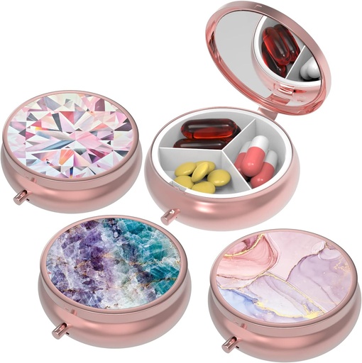 [BRSRMFABBUBG2DI3] Malý Pill Box, Pill Case for Purse&Pocket,3 Compartments Travel Pilulky Prípad lieku Uskladnenie pre vitamíny, Pills, Rybí olej a náušnice, Studs, Rose Gold-3Round