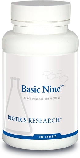 [BRSWIBQLC5YBOFQ3] Biotics Research Basic Nine All Food Sourced Vzácné Stopy Minerály, Phytochemicky vázaný, Obsahuje antioxidanty SOD a Catalase, 100 Tablety