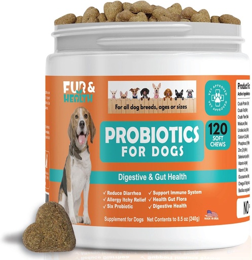 [BRSRAHYODIAR4DT2] Probióticos para cans Digestive Health Supplement Allergy & Itchy Skin - Pet Diarrhea Gas Tratamento Upset estomach Relief Chicken Flavor 120 Soft Chews