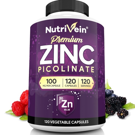[BRSWY237DMGQ2CLH] Nutrivein Premium Zinc Picolinate 100mg - 120 Capsules for Adults: High-Absorption Zinc Picolinate Supplements - Essential Nourishment for Overall Wellness - Max Bioavailability