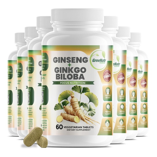 [BRSWECQNCUBGYCD3] GreeNatr Ginko Biloba & Panax Ginseng Supplement - Red Ginseng Brain Supplement for Memory and Focus - Ginkgo Biloba Supplements for Good Vision, Immune System and Improved Blood Flow - 12 Bottles