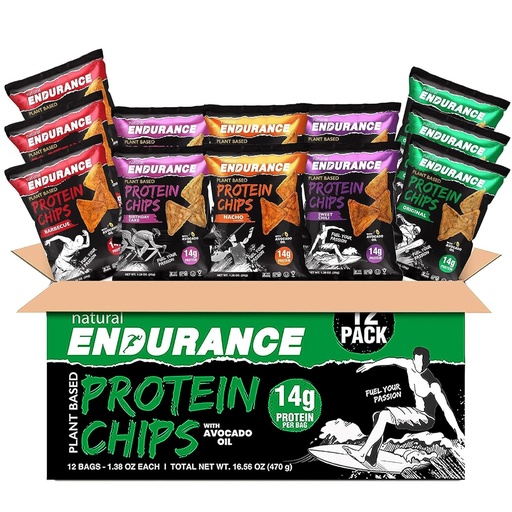 [BRSROEA7CJYBOAD6] Natural Endurance Protein Chips - Low Carb Chips, High Protein Snack, Vegan Protein with Avocado Oil, 14g Protein Per Bag, Gluten Free, Nacho, BBQ, Chili, Birthday Cake, Original - Variety Pack, 1.38 oz Bags (Pack of 12)