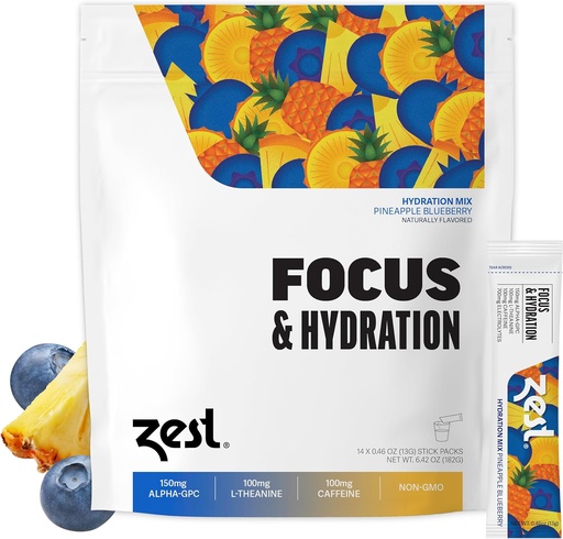 [BRSRMYLQCQFQMYLF] Zest Focus & Productivity Energy Drink – Pineapple Blueberry Clean Energy Powder Packets with 100 mg Caffeine, L-Theanine & 150 mg Alpha GPC Nootropics – Low Sugar Electrolytes for Memory – 14 Sticks