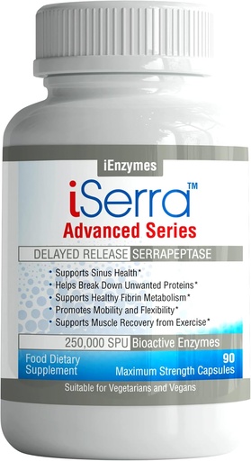 [BRSWKEDYOZYQIADY] iSerra 250,000 SPU Serrapeptase Enzyme - 90 Maximum Strength Capsules - Up to 12x More Potent Than Other Serrapaptase - Delayed Release Technology-High Potency Non-GMO, Gluten Free, Vegan (Pack of 1)