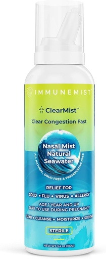 [BRSRABQ3B57BS332] ClearMist Natural Seawater Nasal Spray for kongesjon Relief, Hypertonic Saline Nasal Spray for tørr nese, moisturizing Sinus Decongestant Relief for voksne og barn laget i Sverige, trygt for alder 1+