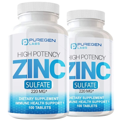 [BRSWKEY7BABRMEQV] Puregen Labs Zinc Sulfate 220 mg Dietary Supplement Tablets - 100 Count (Pack of 2)