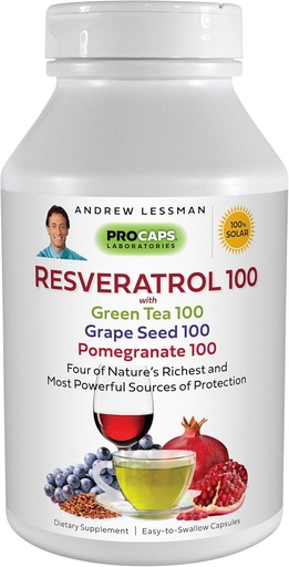 [BRSWKYQHDMNQ2CQZ] ANDREW LESSMAN Resveratrol-100 met groene thee 100 druivenzaad 100 granaatappel 100mg - 360 Capsules - Vier krachtige, beschermende antioxidanten.