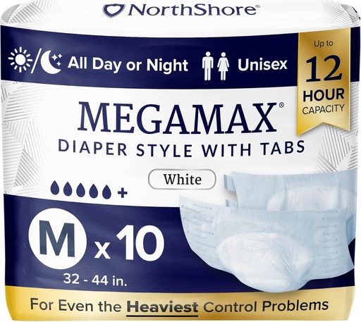 [BRSWGAT7OQBQEDLJ] NorthShore MegaMax Adult Overnight Diapers, 12-Hour Tab-Style, Medium, 10 Count Bag, White, 32-44 inches, Unisex Incontinence Underwear