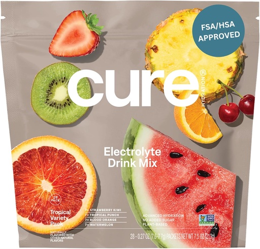[BRSRAHY6CJYQKFDH] Cure Hydration | Plant-Based Electrolyte Drink Mix | No Added Sugar | FSA-HSA | Dehydration Relief Powder Made with Coconut Water | Non-GMO | Vegan | 28 Packets - Tropical Variety Pack