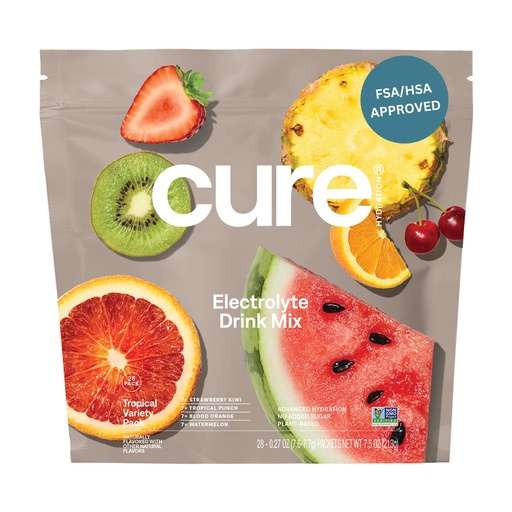 [BRSRAHY6CJYQKFDH] Cure Hydration | Plant-Based Electrolyte Drink Mix | No Added Sugar | FSA-HSA | Dehydration Relief Powder Made with Coconut Water | Non-GMO | Vegan | 28 Packets - Tropical Variety Pack