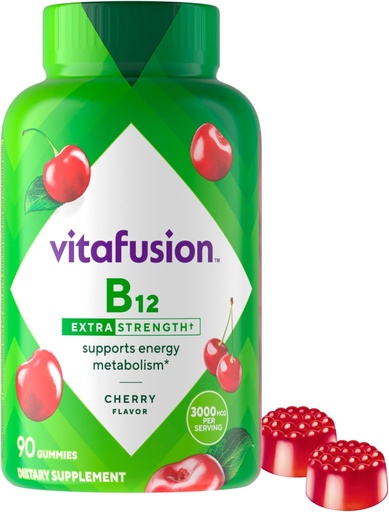 [BRSWIHIDBQCWOETC] vitafúzia Extra sila Vitamín B12 Gummy, podporuje energetický metabolizmus a nervový systém Zdravie Podpora, Gumový vitamín doplnok pre ženy a mužov, Cherry chuť, 45 Day Supply, 90 Počet